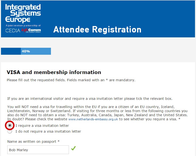 Скриншот регистрации: отметить что хотите приглашение для визы